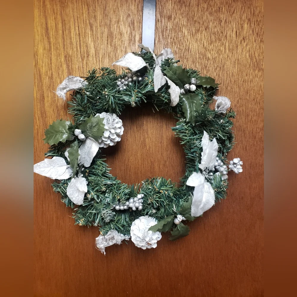 Festive Green White and Silver Holiday Pine Wreath Or Centerpiece 12